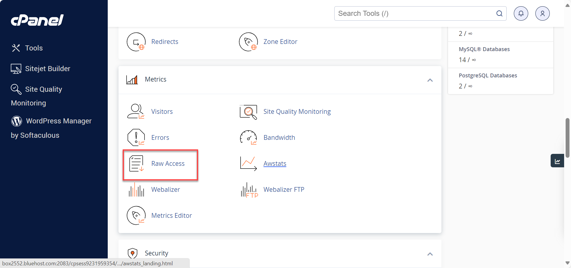 Raw Access icon under Metrics