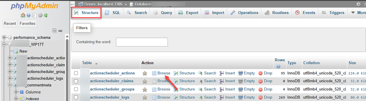 phpMyAdmin - Structure Tab