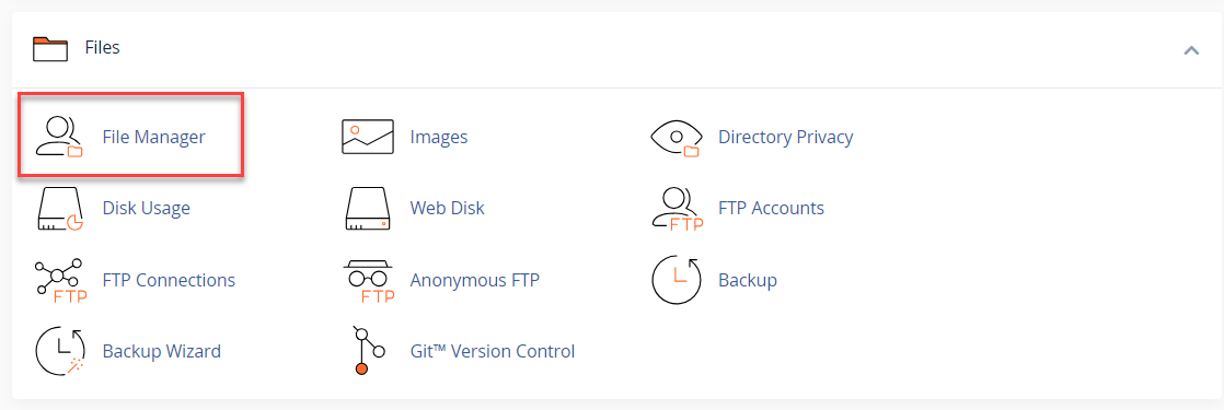 Snapshot of the 'Files' section in cPanel, highlighting the 'File Manager' option.