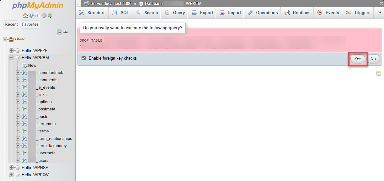 php-my-admin-database drop tables confirm