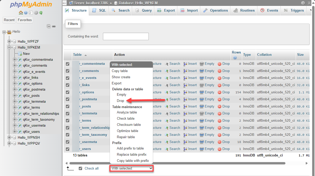 php-my-admin-database drop tables