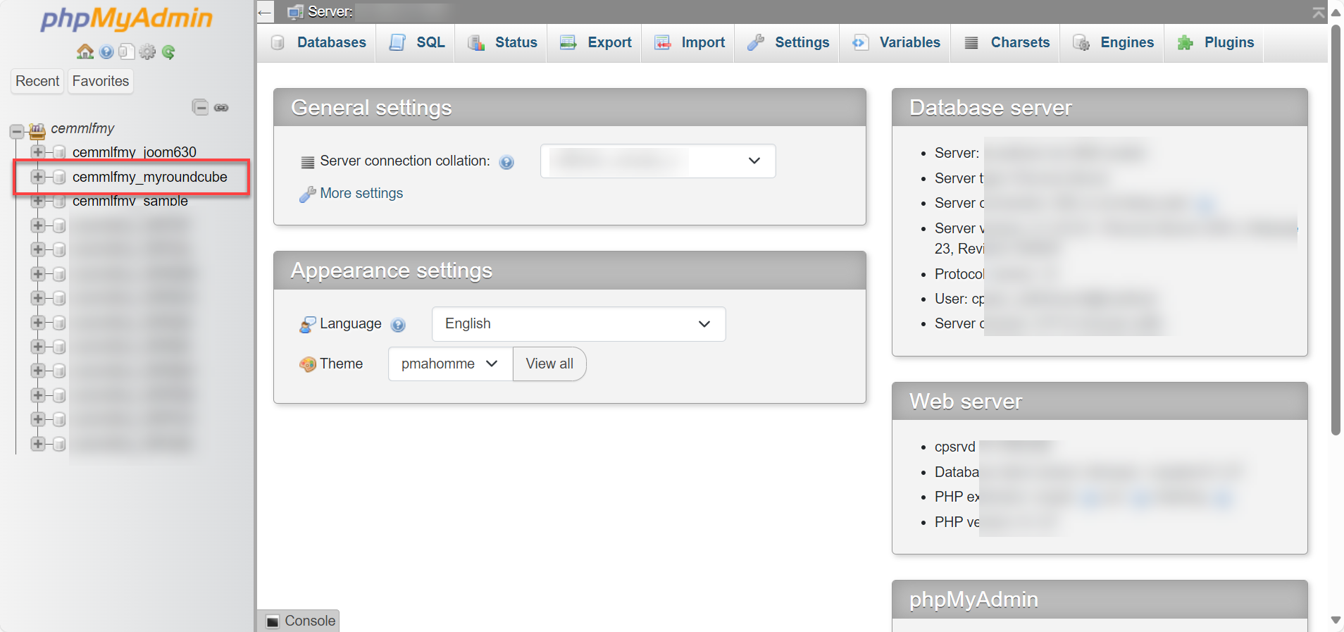 Database name on left menu within phpMyAdmin