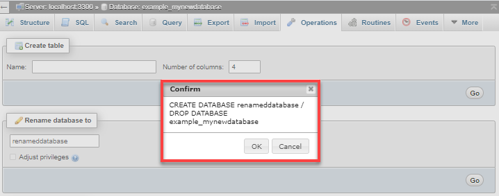phpMyAdmin database rename confirm