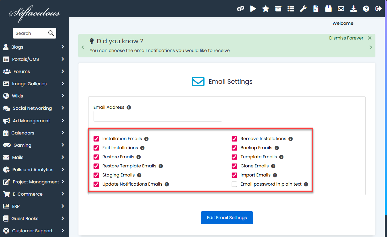 cPanel - Softaculous Apps Installer Email Settings