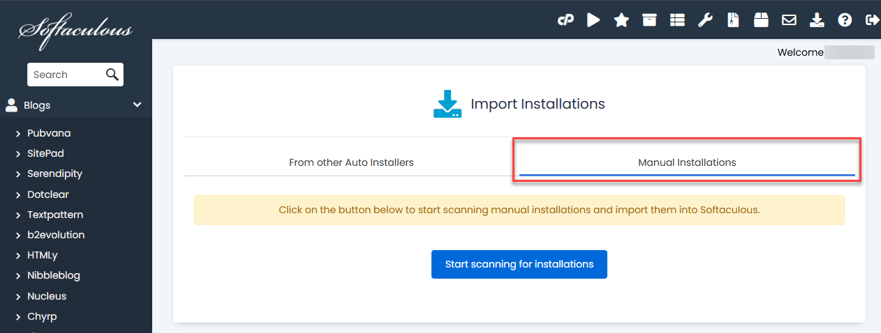 Softaculous - Manual Installations Tab