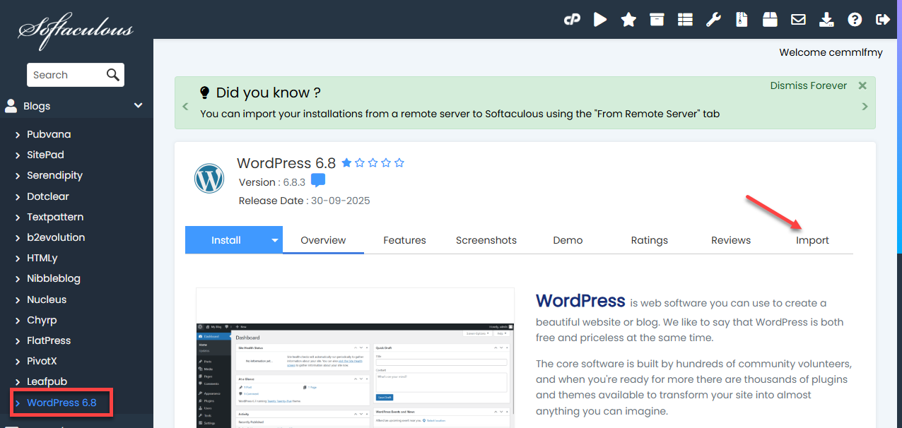 Softaculous import tab