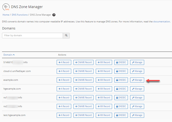 WHM - DNS Functions - Manage button