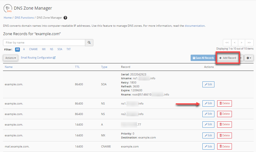 WHM - DNS Zone Manager - Edit & Add