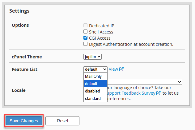 Bluehost - WHM Select Feature List