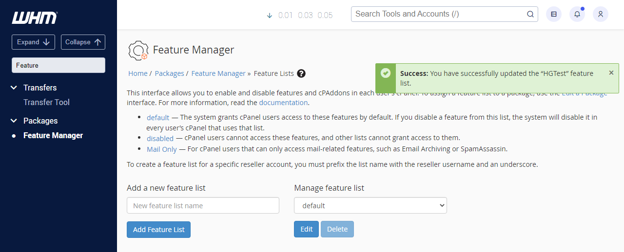 Bluehost - WHM Sucessfully Add New Feature