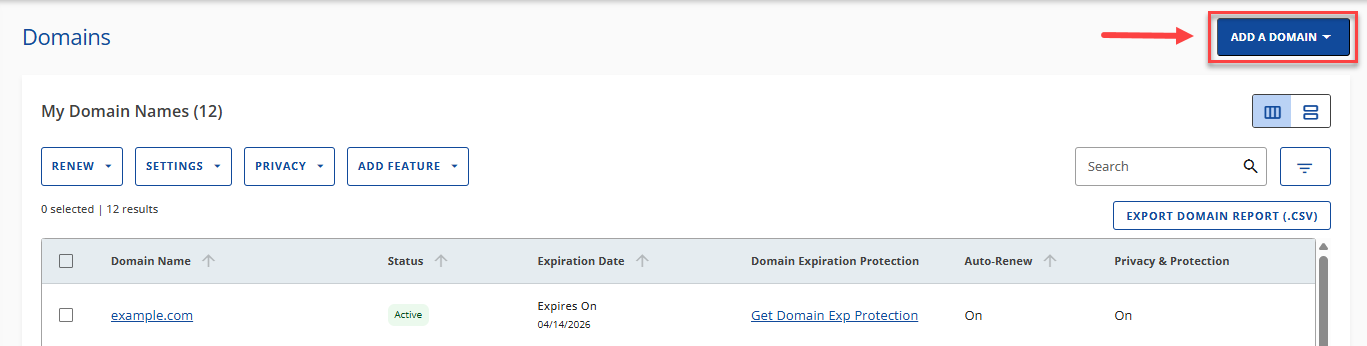 Domains tab - Buy More Domain Names