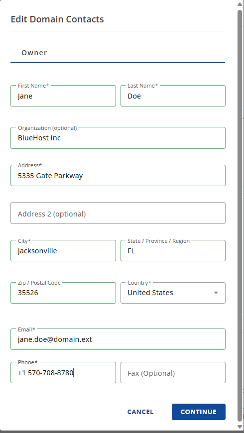 Edit Domain Owner Popup Continue button