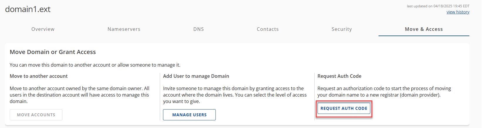 Move & Access Sub Navigation Tab Request Auth Code