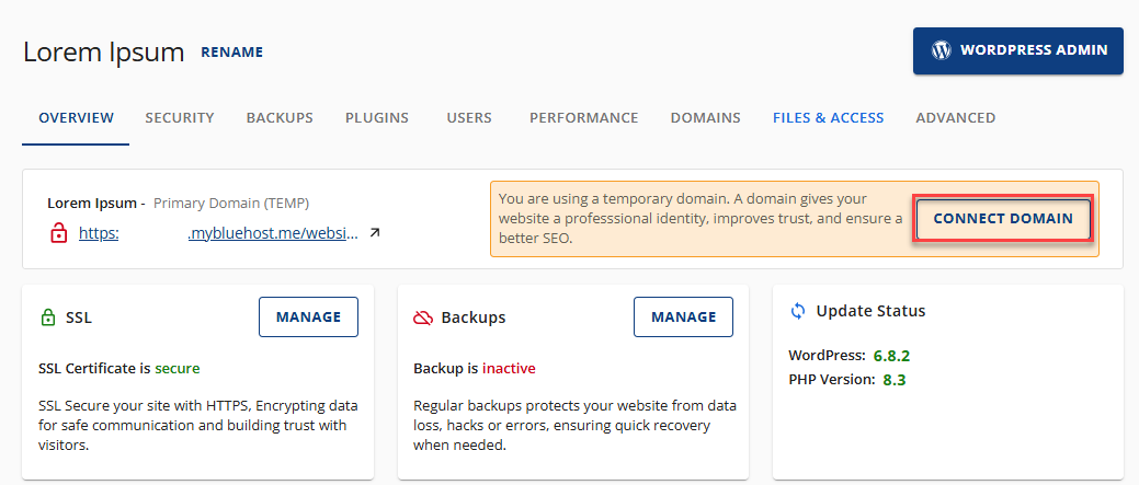Bluehost Websites Tab - Site Settings Site Information Connect domain