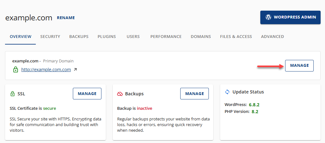 Bluehost Websites Tab - Site Settings Site Information Manage