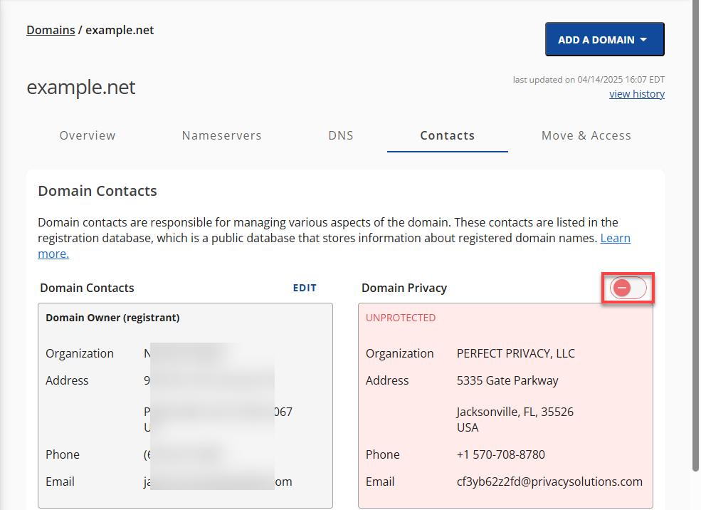 Bluehost Domains Tab - Contacts Domain Privacy Toggle Switch