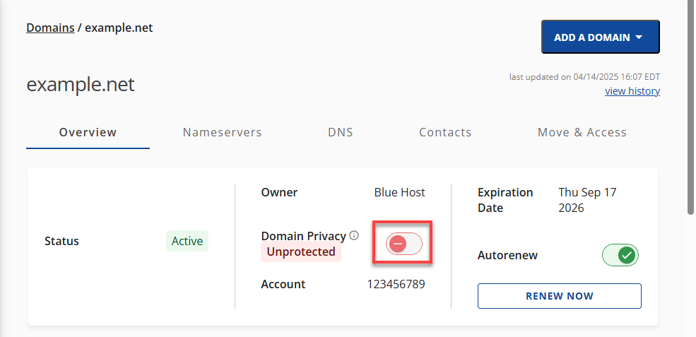 Bluehost Domains Tab - Overview Domain Privacy Toggle Switch