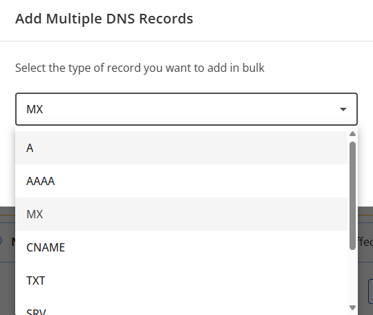 Domains tab - DNS tab - + Add Record button Select Records Multiple