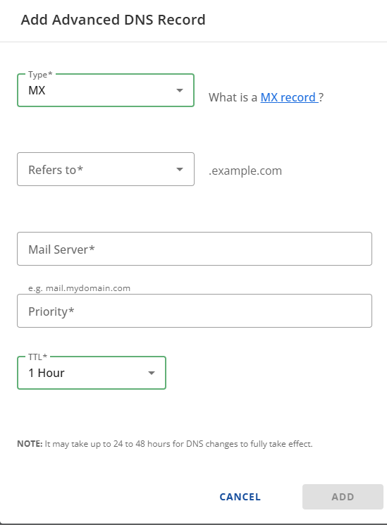 Domains tab - DNS tab - + Add Record button Select Records