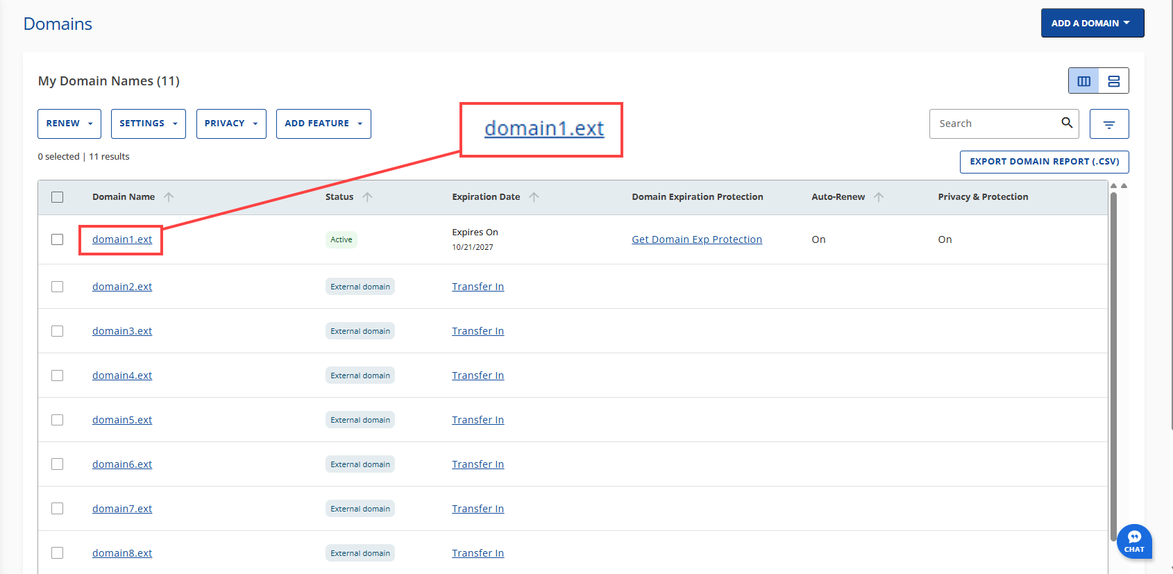 My Domain Names section