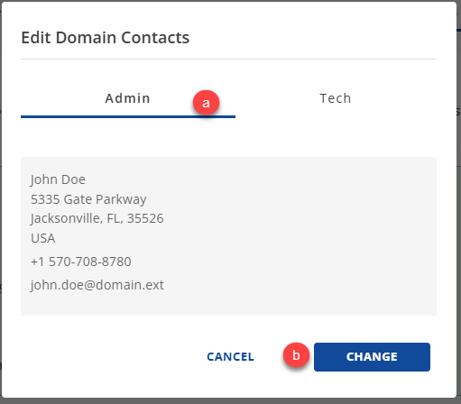 Edit Domain Contacts Popup Admin Tab Change button