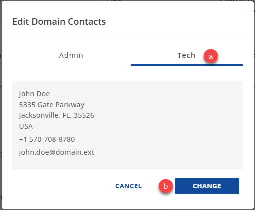 Edit Domain Contacts Popup Tech Tab Change button