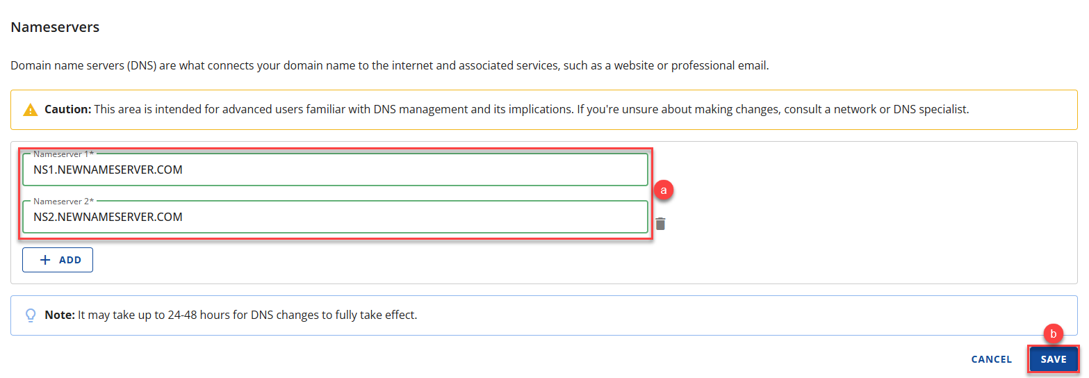 Nameservers Save button