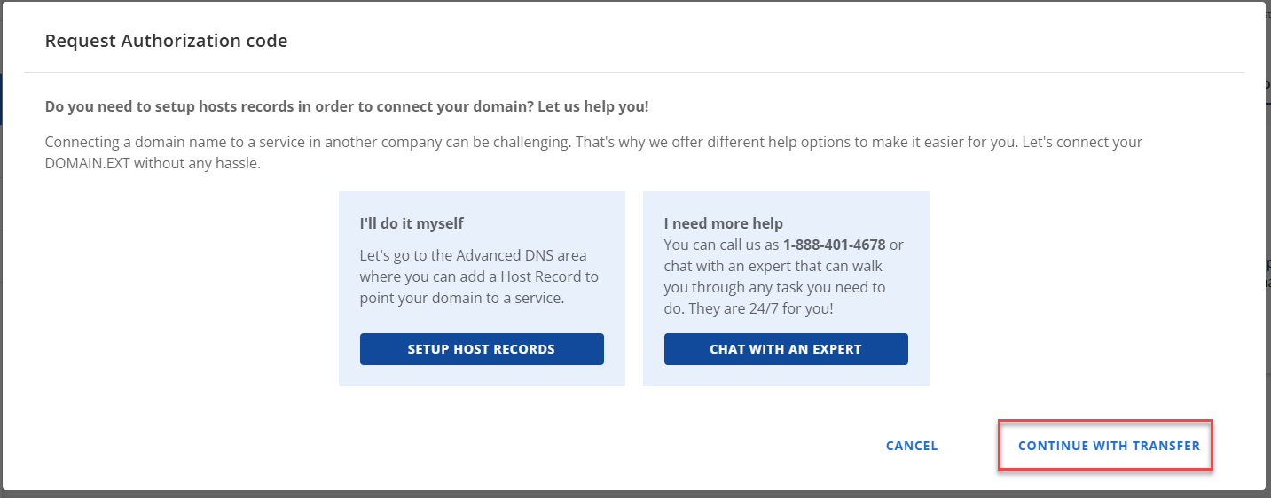 Request Authorization Code Popup Continue With Transfer button