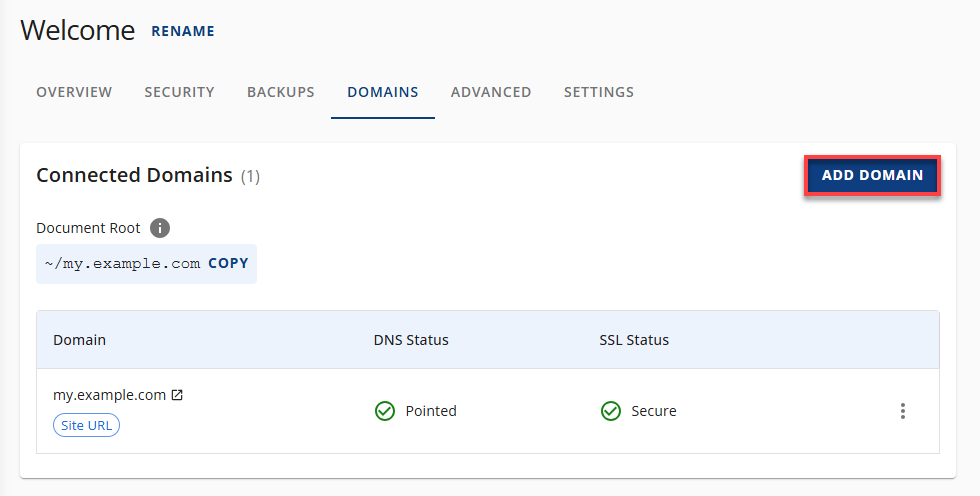 Bluehost Websites Tab - Site Settings Site Information Add Domain