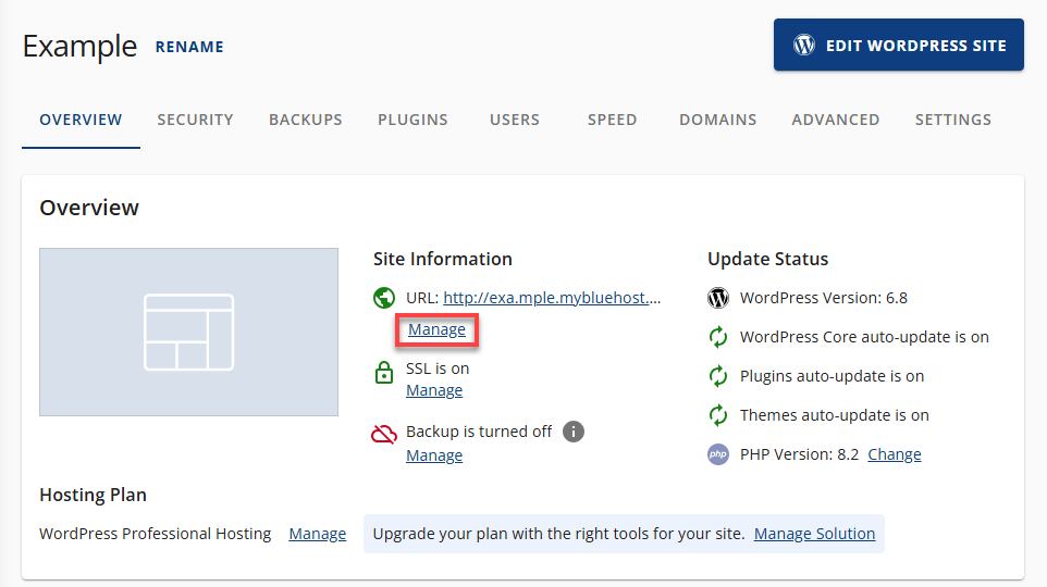 Bluehost Websites Tab - Site Settings Site Information Manage