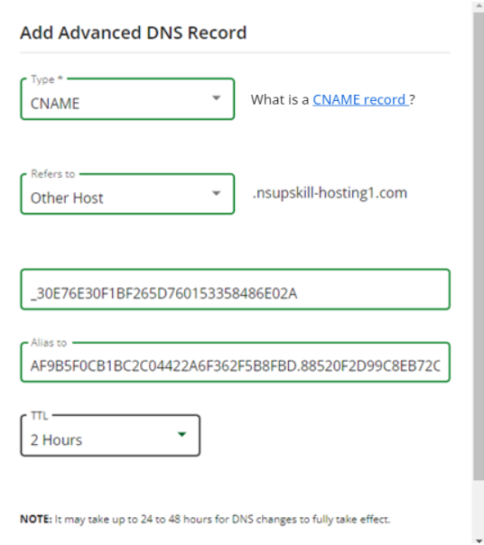 Account Manager ADNS Record CNAME Record Validation