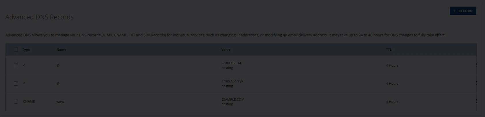 Cloud Hosting Advanced DNS Records DELETE dropdown