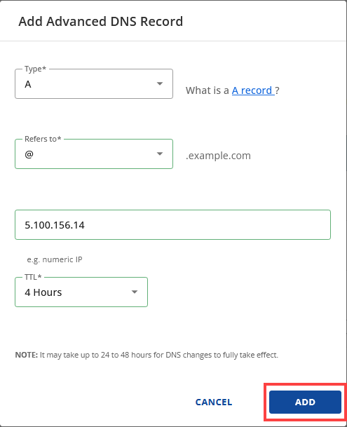 Cloud Hosting Advanced DNS Records ADD button