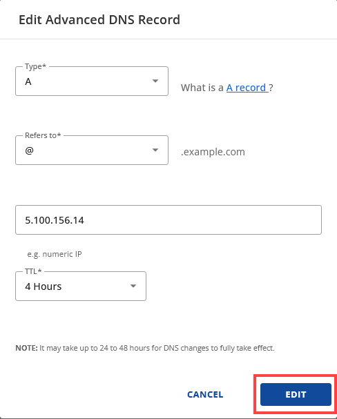 Cloud Hosting Advanced DNS Records EDIT button