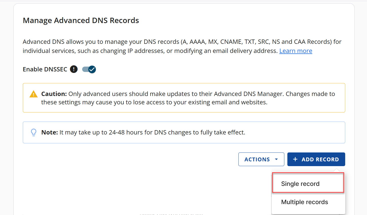 Domains tab - DNS tab Singele record