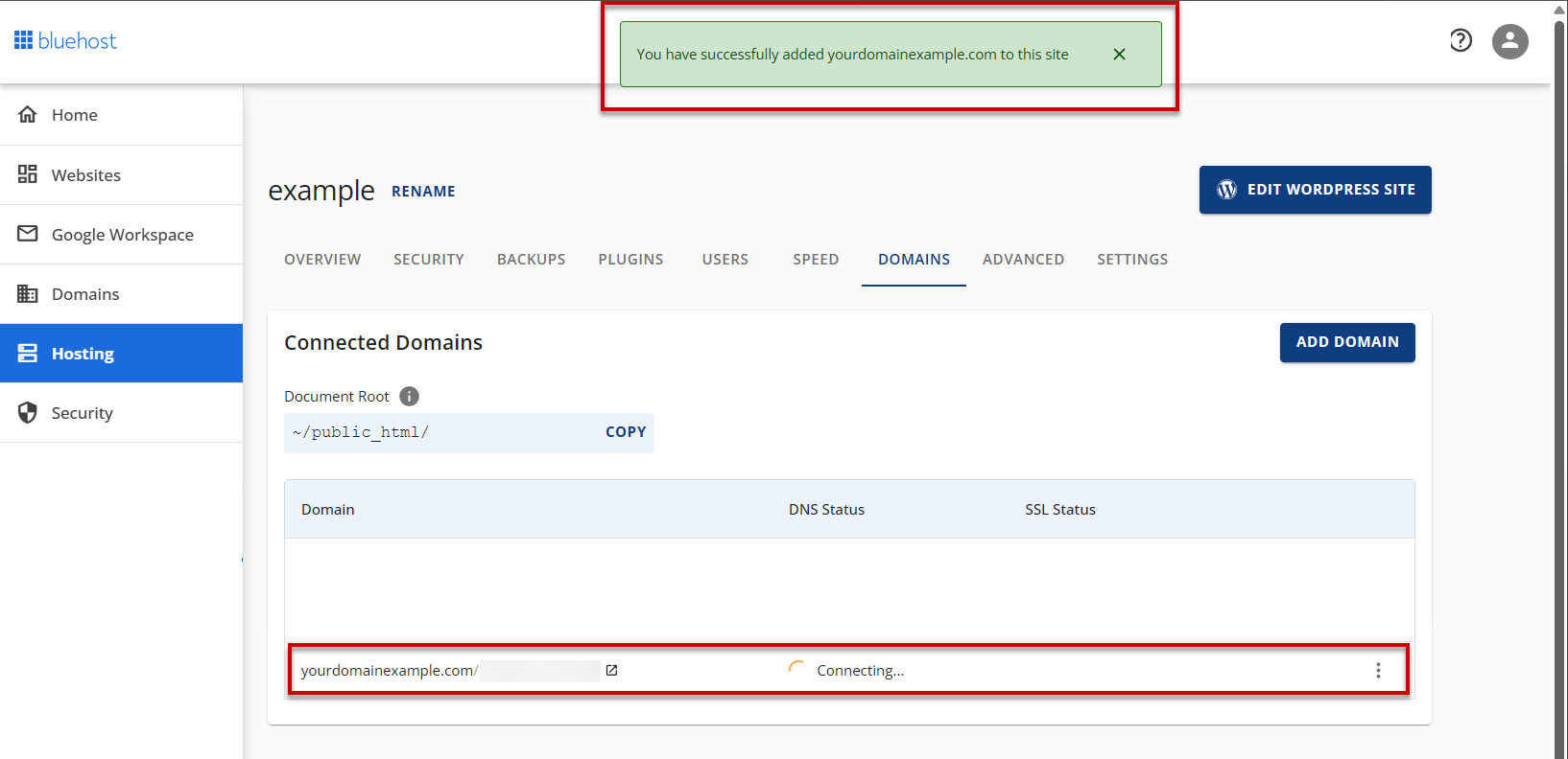 you have successfully added your domain name to this site pop up appears
