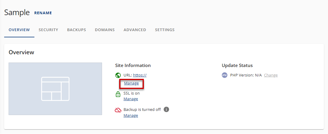 click manage hyperlink under site information