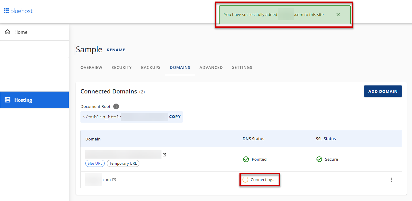 domain connecting after successful pop up notification to specific site