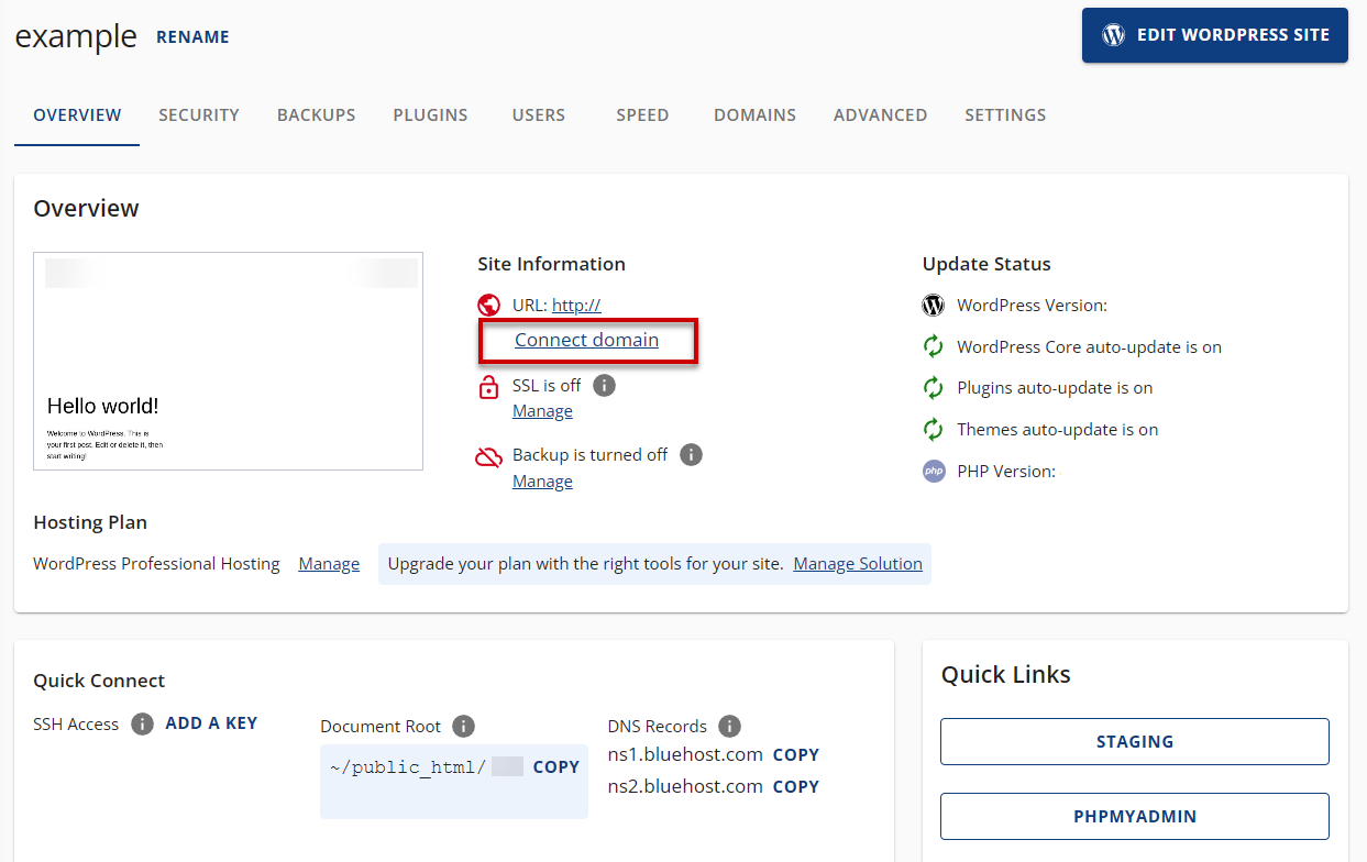 click manage hyperlink under site information