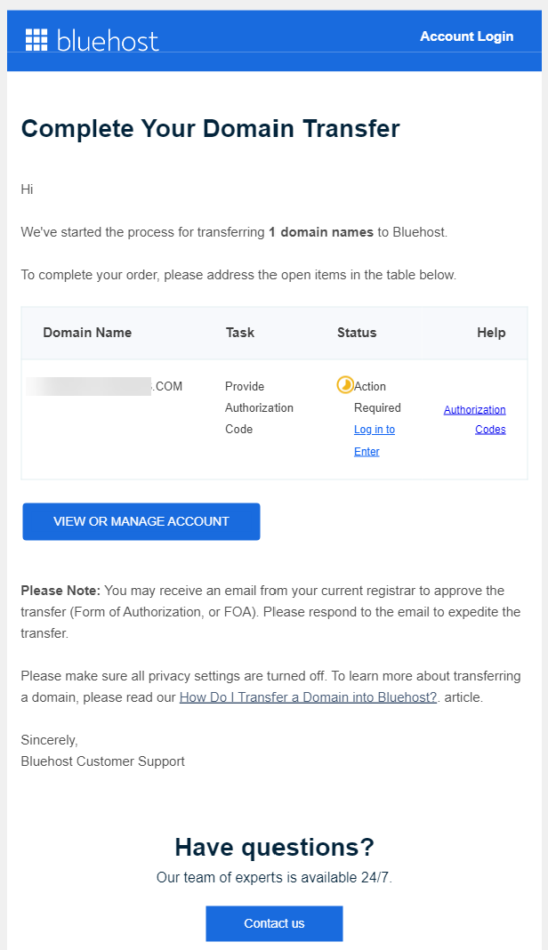 complete your domain transfer email task status