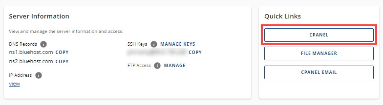 Bluehost Dashboard highlighting 'CPANEL' button under Quick Links