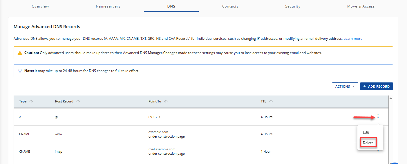 DNS tab - Delete