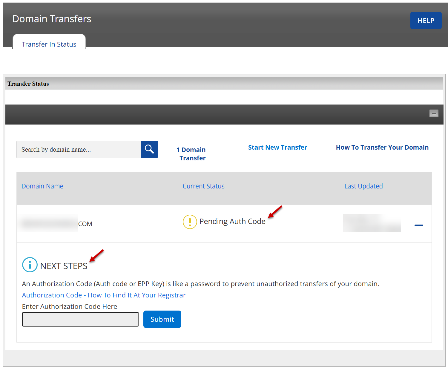 domain transfer status pending auth code enter epp code authorization code auth code
