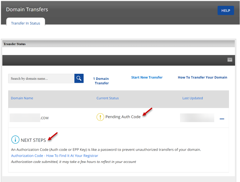 domain transfer status pending auth code next steps