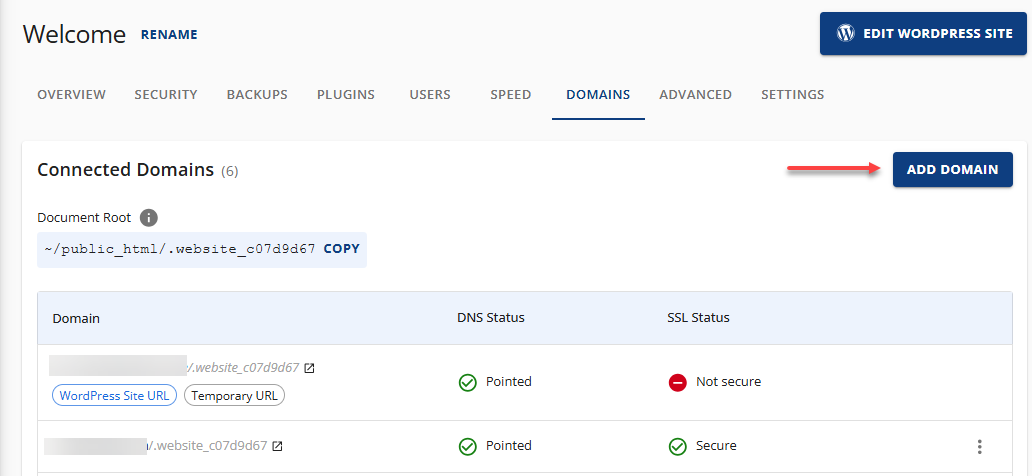 Add domain button