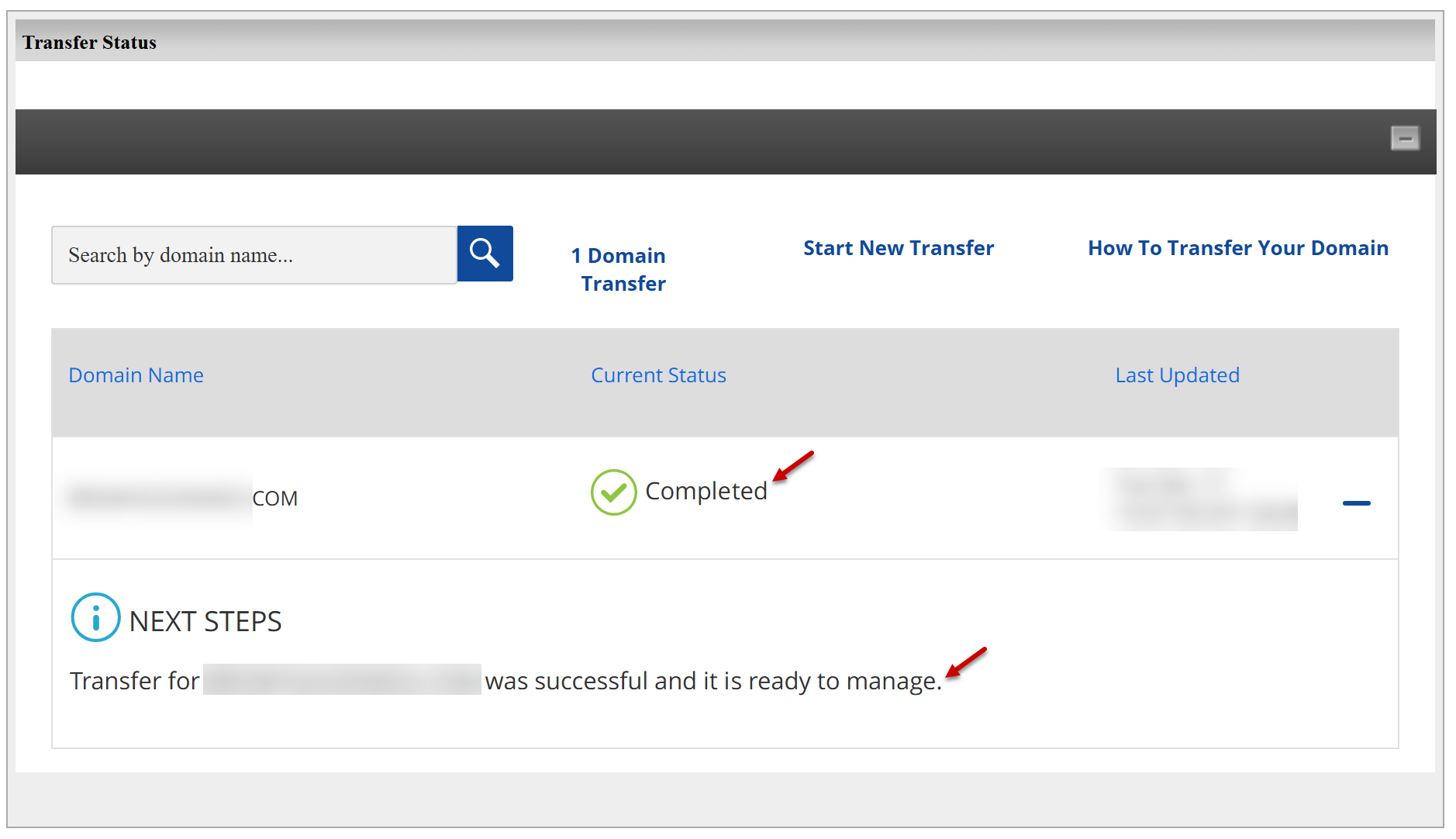 domain transfer status update complete manage in bluehost