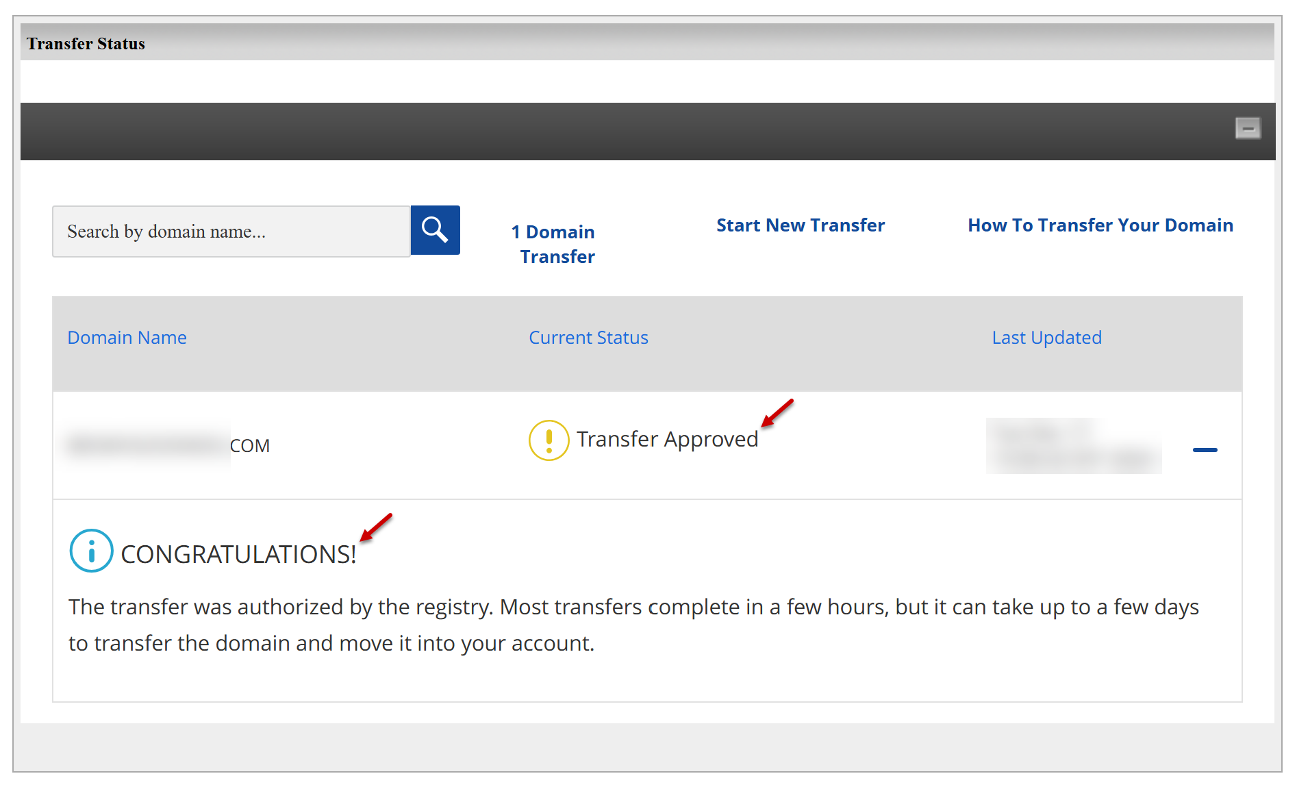 domain transfer status updated transfer approved