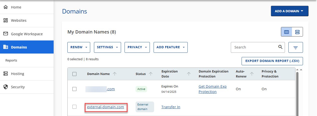 Domains Page