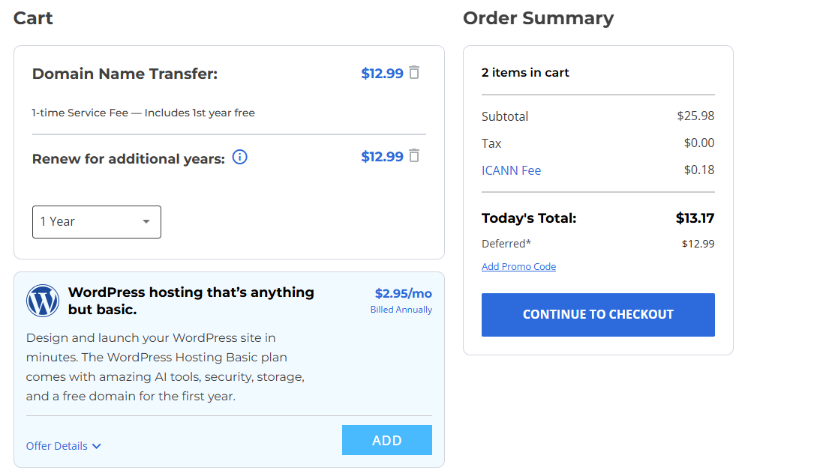 shopping cart and order summary domain name transfer and renew for additional year option click continue to checkout