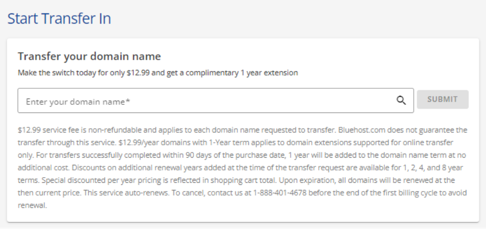 start transfer in enter your domain you want to transfer click submit button